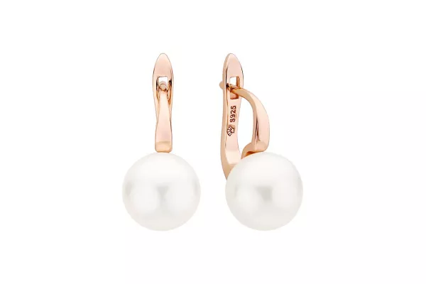 Eleganter Perlenohrring weiß button 9.5-10 mm, Zirkonia, Engl. Verschluss, Roségold 585 plattiert, Gaura Pearls, Estland